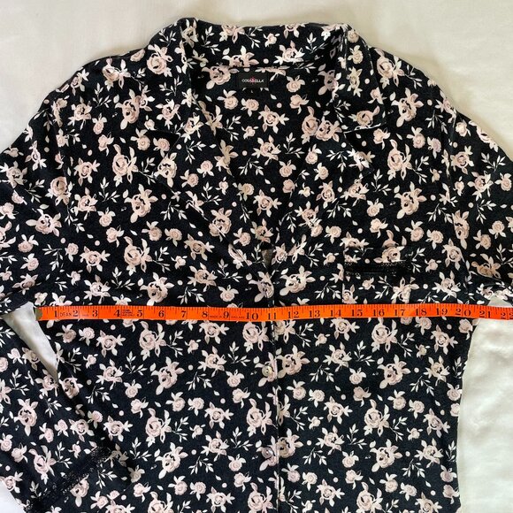 Cosabella Top Pink Black Floral Collared Button Down Long Sleeves Size L - Picture 7 of 13